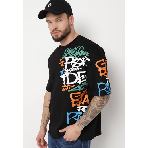 Czarna Koszulka z Bawełny Ozdobiona Nadrukiem Halconie ze sklepu Born2be Odzież w kategorii T-shirty męskie - zdjęcie 170790100