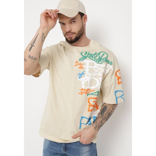 Beżowa Koszulka z Bawełny Ozdobiona Nadrukiem Halconie ze sklepu Born2be Odzież w kategorii T-shirty męskie - zdjęcie 170790114