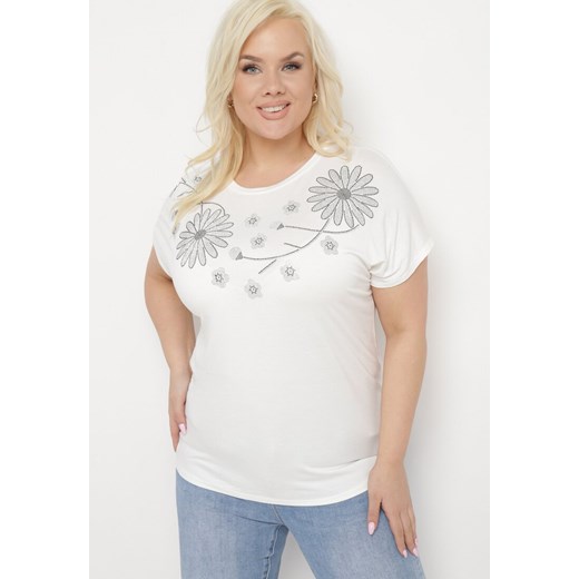 Biały Bawełniany T-shirt Nietoperz Ozdobiony Cyrkoniami Rinada ze sklepu Born2be Odzież w kategorii Bluzki damskie - zdjęcie 170790372