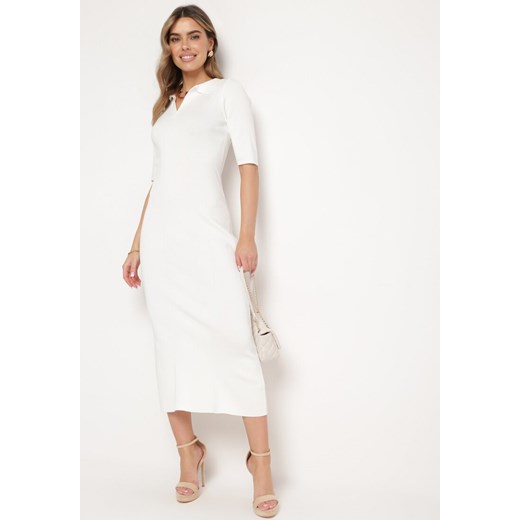 Biała Klasyczna Sukienka z Kołnierzykiem i Rozcięciem Arkusia ze sklepu Born2be Odzież w kategorii Sukienki - zdjęcie 170790622