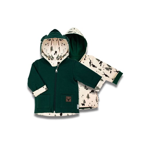 Bawełniana kurtka niemowlęca chłopięca dwustronna zielona/beżowa z motywem leśnym ze sklepu 5.10.15 w kategorii Kombinezony i kurtki - zdjęcie 170808104