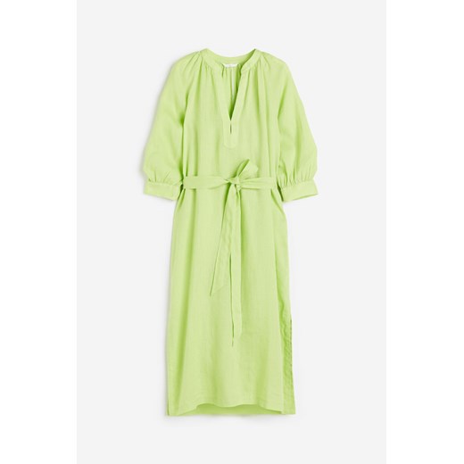 H & M - Lniana sukienka z wiązanym paskiem - Zielony H & M S H&M