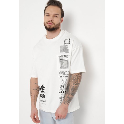 Biała Koszulka z Bawełny z Krótkim Rękawem i Nadrukiem Heulwen ze sklepu Born2be Odzież w kategorii T-shirty męskie - zdjęcie 170819744