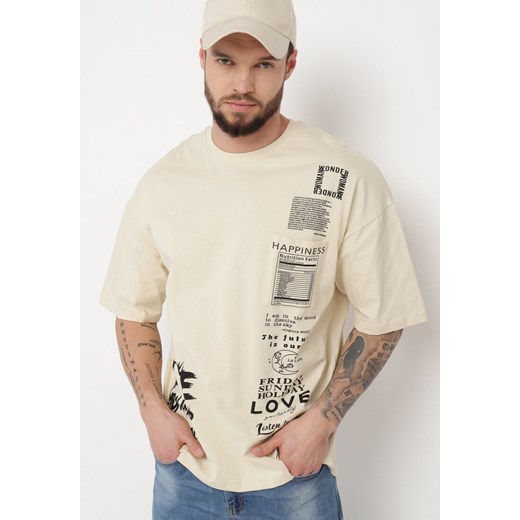 Beżowa Koszulka z Bawełny z Krótkim Rękawem i Nadrukiem Heulwen ze sklepu Born2be Odzież w kategorii T-shirty męskie - zdjęcie 170819751