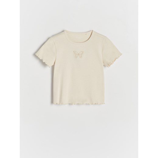 Reserved - T-shirt z haftem - kremowy ze sklepu Reserved w kategorii Bluzki dziewczęce - zdjęcie 170820643