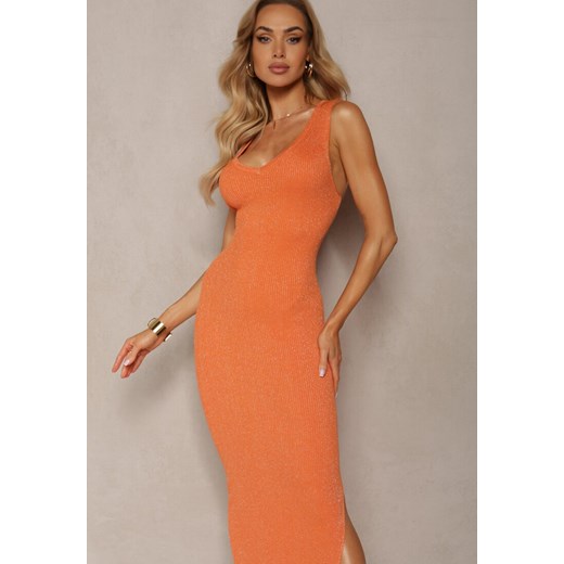 Pomarańczowa Sukienka o Fasonie Bodycon z Błyszczącej Prążkowanej Dzianiny Renee S wyprzedaż Renee odzież