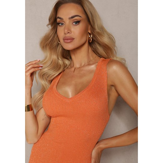 Pomarańczowa Sukienka o Fasonie Bodycon z Błyszczącej Prążkowanej Dzianiny Renee S okazyjna cena Renee odzież