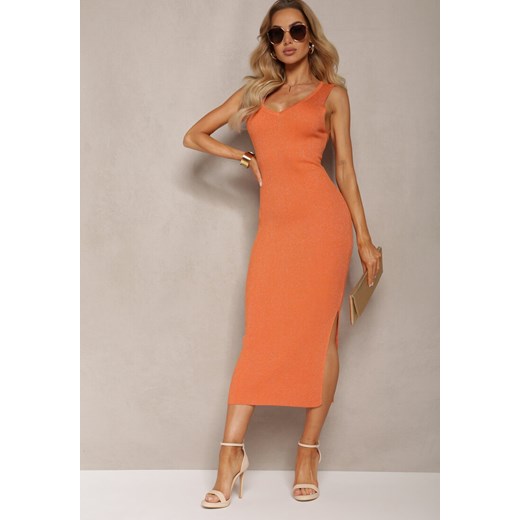 Pomarańczowa Sukienka o Fasonie Bodycon z Błyszczącej Prążkowanej Dzianiny Renee S promocja Renee odzież