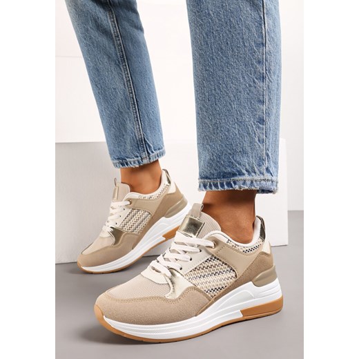 Ciemnobeżowe Sznurowane Sneakersy na Niskim Koturnie Xanthema ze sklepu born2be.pl w kategorii Buty sportowe damskie - zdjęcie 170835643
