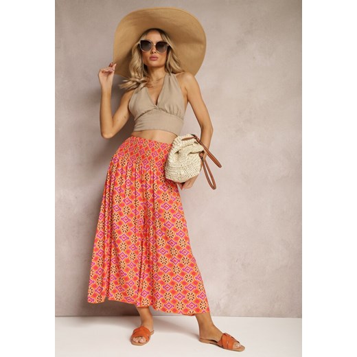 Pomarańczowe Szerokie Spodnie Culottes z Bawełnianej Tkaniny w Mozaikowy Wzór Miratte ze sklepu Renee odzież w kategorii Spodnie damskie - zdjęcie 170859790