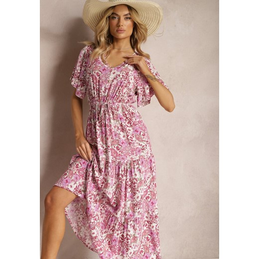 Różowa Letnia Sukienka Rozkloszowana z Bawełnianej Tkaniny w Kwiaty Electria ze sklepu Renee odzież w kategorii Sukienki - zdjęcie 170859820