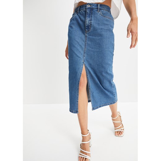 Długa spódnica dżinsowa z rozcięciem, z materiału Positive Denim #1 Fabric ze sklepu bonprix w kategorii Spódnice - zdjęcie 170861042