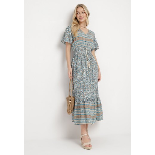 Beżowo-Niebieska Bawełniana Sukienka w Stylu Boho z Chwostem i Gumką w Talii Phoella ze sklepu Born2be Odzież w kategorii Sukienki - zdjęcie 170865252