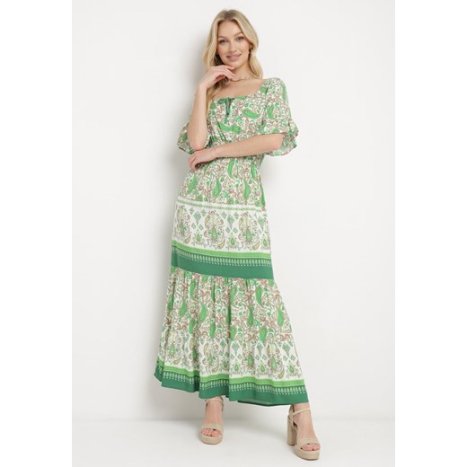Jasnozielona Sukienka z Bawełny Wiązana przy Dekolcie z Gumką w Pasie Adhara ze sklepu Born2be Odzież w kategorii Sukienki - zdjęcie 170883124