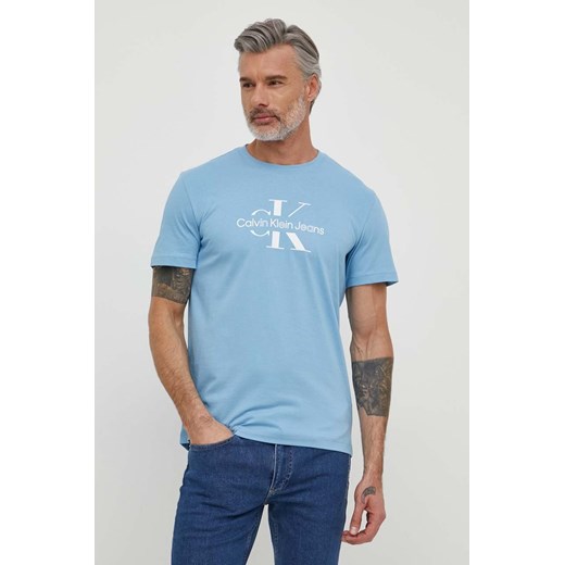 T-shirt męski niebieski Calvin Klein z krótkim rękawem z bawełny 