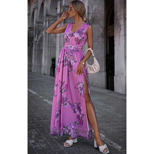 Sukienka maxi szyfonowa z wysokim rozcięciem M781/3, Kolor fioletowy-wzór, Rozmiar L, MOE ze sklepu Primodo w kategorii Sukienki - zdjęcie 170888194