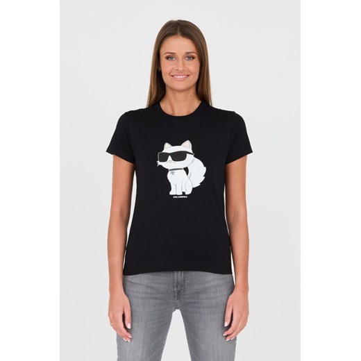 KARL LAGERFELD Czarny t-shirt z kotem, Wybierz rozmiar L ze sklepu outfit.pl w kategorii Bluzki damskie - zdjęcie 170894443