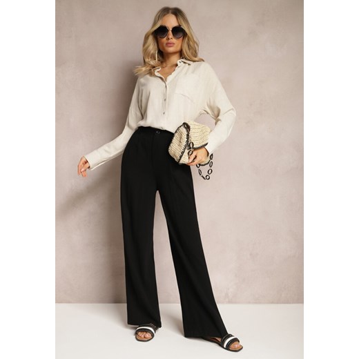 Czarne Szerokie Spodnie High Waist z Lnu i Wiskozy Apoises ze sklepu Renee odzież w kategorii Spodnie damskie - zdjęcie 170897603