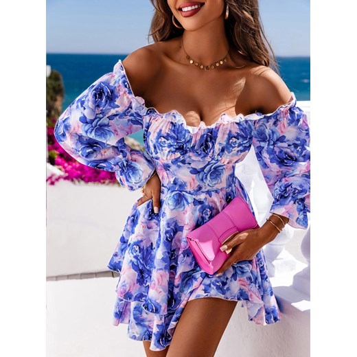 Sukienka Pakuten z długim rękawem mini casual z dekoltem typu hiszpanka 