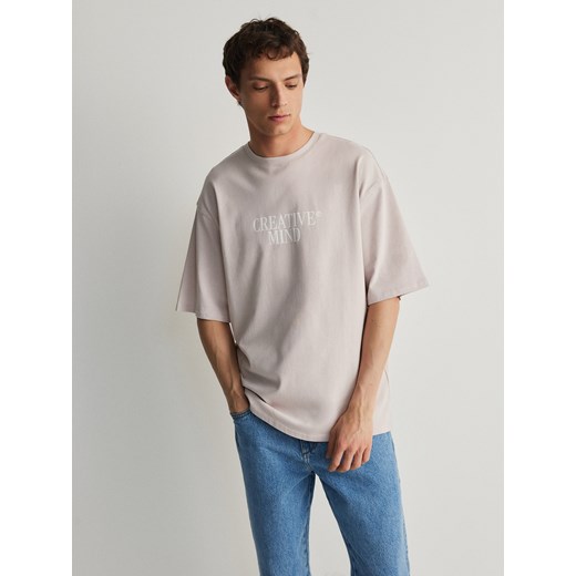 Reserved - T-shirt oversize z nadrukiem - brudny róż Reserved S Reserved promocyjna cena