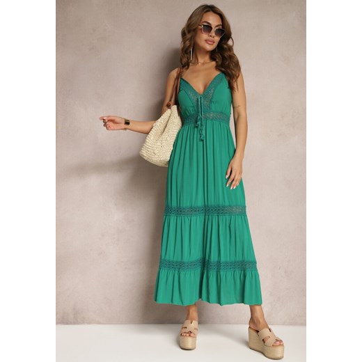 Zielona Długa Sukienka z Bawełny Rozkloszowana na Cienkich Ramiączkach Partiea ze sklepu Renee odzież w kategorii Sukienki - zdjęcie 170924121
