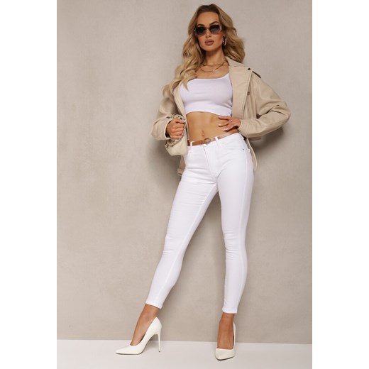 Białe Spodnie Skinny z Bawełny z Dodatkowym Paskiem z Ekoskóry Natsulle ze sklepu Renee odzież w kategorii Spodnie damskie - zdjęcie 170924224