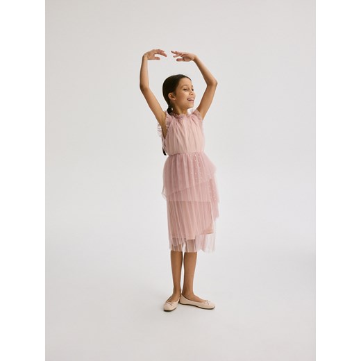 Reserved - Sukienka z falbanami - brudny róż Reserved 158 (12 lat) Reserved