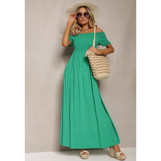 Zielona Sukienka Bawełniana z Rozkloszowanym Dołem i Hiszpańskim Dekoltem Barino ze sklepu Renee odzież w kategorii Sukienki - zdjęcie 170931504