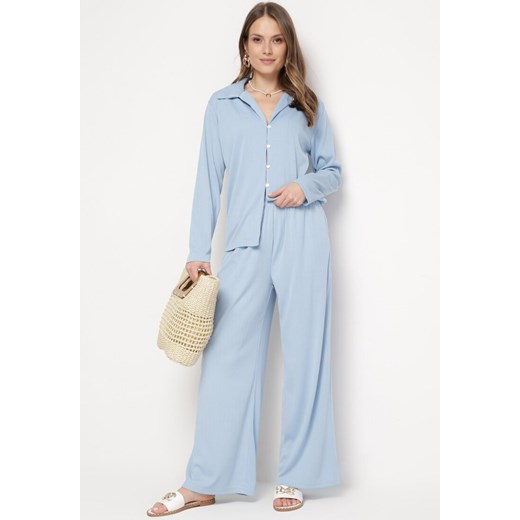 Niebieski 2-częściowy Komplet z Koszulą i Szerokimi Spodniami Anscuro ze sklepu Born2be Odzież w kategorii Komplety i garnitury damskie - zdjęcie 170931552