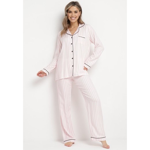 Różowy Komplet Piżamowy Długa Koszula i Spodnie w Paseczki Firosa ze sklepu Born2be Odzież w kategorii Piżamy damskie - zdjęcie 170944542