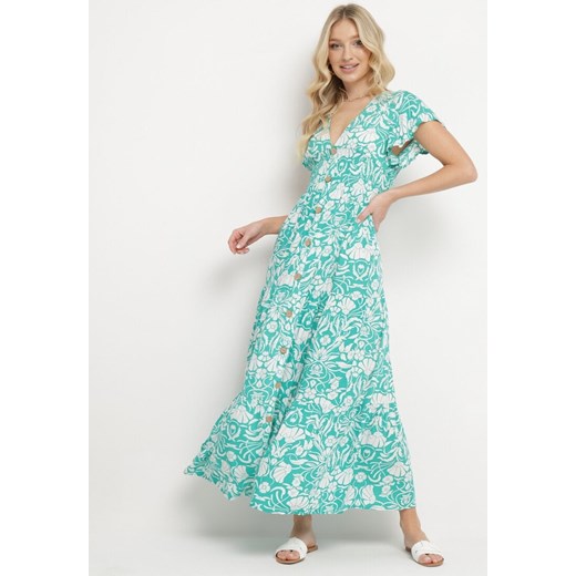 Miętowa Rozkloszowana Sukienka Maxi z Luźnym Rękawem w Kwiatowy Print Oxeria ze sklepu Born2be Odzież w kategorii Sukienki - zdjęcie 170944961