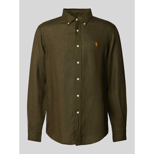 Koszula lniana o kroju custom fit z wyhaftowanym logo ze sklepu Peek&Cloppenburg  w kategorii Koszule męskie - zdjęcie 170946821