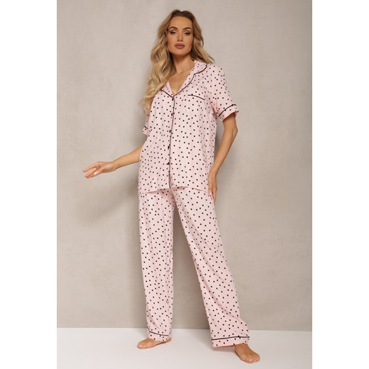 Różowy Wiskozowy Komplet Piżamowy Ozdobiony Printem Koszula na Krótki Rękaw i Długie Spodnie Angelae ze sklepu Renee odzież w kategorii Piżamy damskie - zdjęcie 170959863