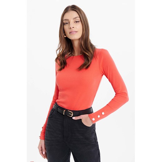 Prążkowana bluzka damska z długim rękawem- koralowa ze sklepu 5.10.15 w kategorii Bluzki damskie - zdjęcie 170964304