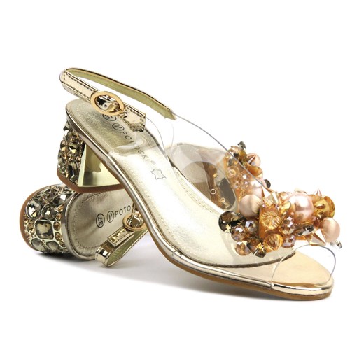 Transparentne sandały damskie na obcasie - Potocki 24-43300, złote ze sklepu ulubioneobuwie w kategorii Sandały damskie - zdjęcie 170965020