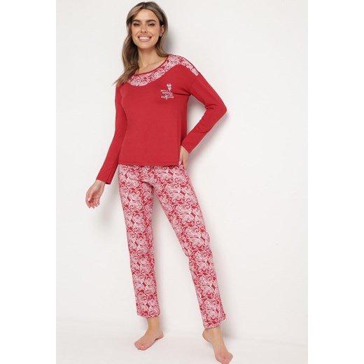 Bordowy Komplet Piżamowy z Bawełny Koszulka z Długim Rękawem i Długie Spodnie Vastar ze sklepu Born2be Odzież w kategorii Piżamy damskie - zdjęcie 170973481
