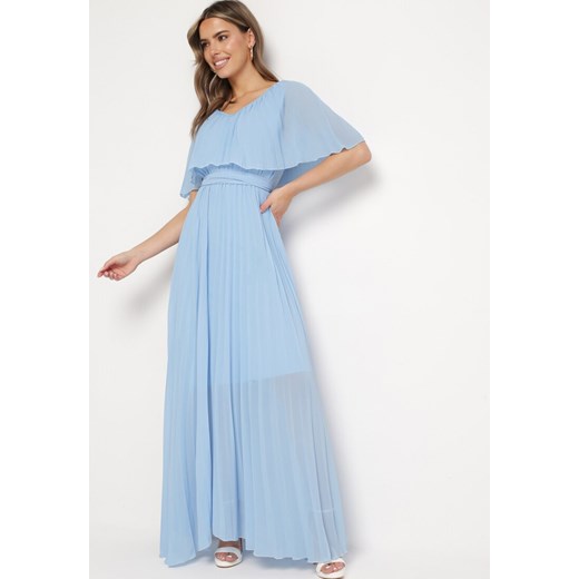 Niebieska Sukienka Plisowana z Szeroką Falbaną Przy Dekolcie Dinara ze sklepu Born2be Odzież w kategorii Sukienki - zdjęcie 170973704
