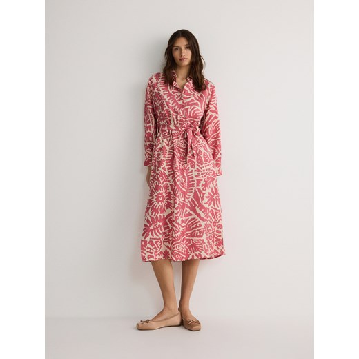 Reserved - Wzorzysta sukienka midi z wiskozy - brudny róż ze sklepu Reserved w kategorii Sukienki - zdjęcie 170980773