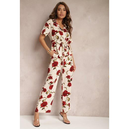 Beżowo-Bordowe Szerokie Spodnie w Kwiatowy Print z Kieszonkami Pomgranata ze sklepu Renee odzież w kategorii Spodnie damskie - zdjęcie 170983330