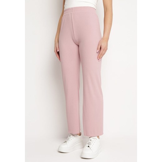 Różowe Prążkowane Spodnie Szerokie z Gumką w Pasie Drasia ze sklepu Born2be Odzież w kategorii Spodnie damskie - zdjęcie 170992354