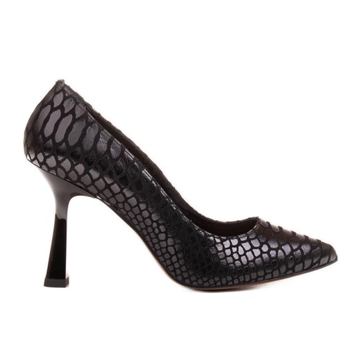 Marco Shoes Eleganckie czółenka z zamszu powlekanym wzorkiem wężowym czarne ze sklepu ButyModne.pl w kategorii Czółenka - zdjęcie 171007762