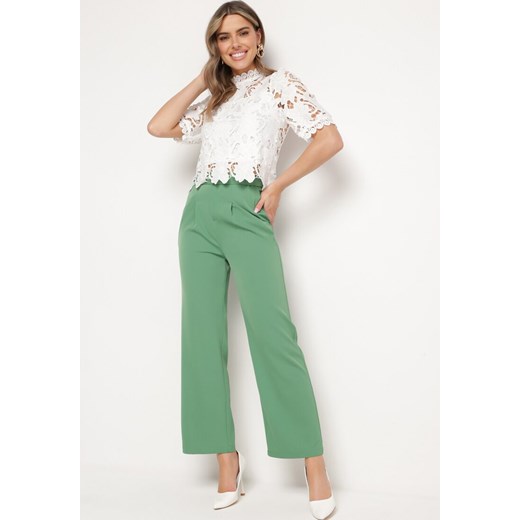 Zielone Eleganckie Szerokie Spodnie z Gumką w Pasie Zapinane na Suwak Barcarola ze sklepu Born2be Odzież w kategorii Spodnie damskie - zdjęcie 171016080
