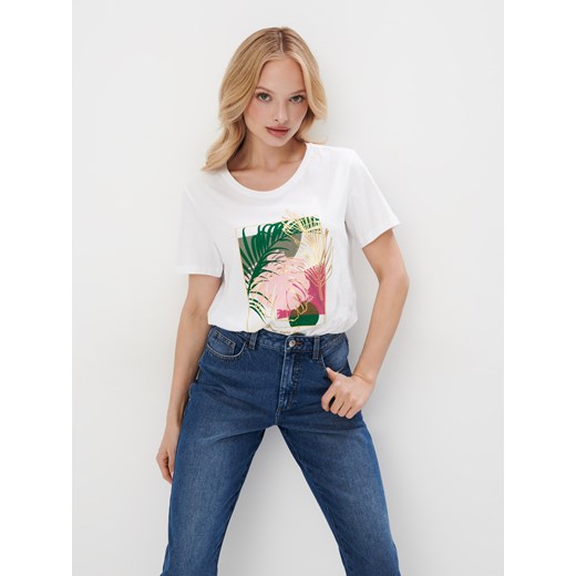 Mohito - T-shirt z roślinnym nadrukiem - biały ze sklepu Mohito w kategorii Bluzki damskie - zdjęcie 171022161