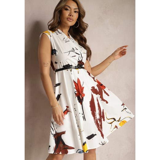 Biała Rozkloszowana Sukienka z Bawełny Kopertowym Fasonie z Paskiem Tastaria ze sklepu Renee odzież w kategorii Sukienki - zdjęcie 171166394