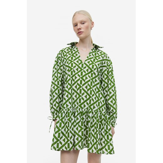 Sukienka H & M z długim rękawem mini z kołnierzykiem zielona w abstrakcyjnym wzorze 
