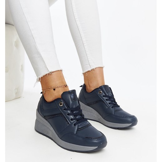 Buty sportowe damskie granatowe sneakersy casual sznurowane płaskie 
