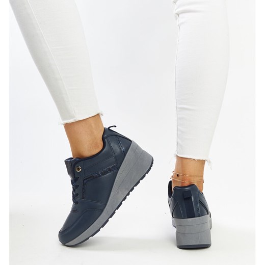 Buty sportowe damskie sneakersy granatowe płaskie jesienne casual sznurowane 