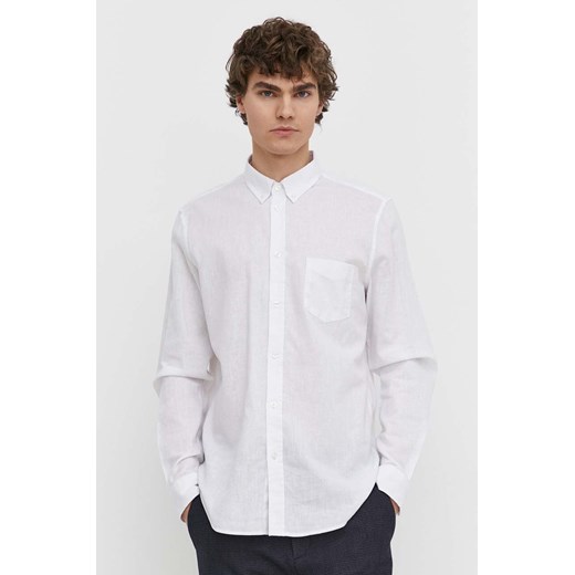 Samsoe Samsoe koszula lniana męska kolor biały regular z kołnierzykiem button-down ze sklepu ANSWEAR.com w kategorii Koszule męskie - zdjęcie 171185383