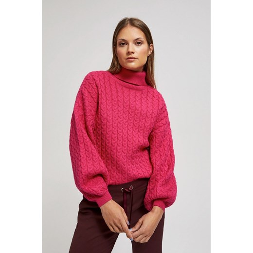 Fuksjowy damski sweter z bufiastymi rękawami i golfem S 5.10.15