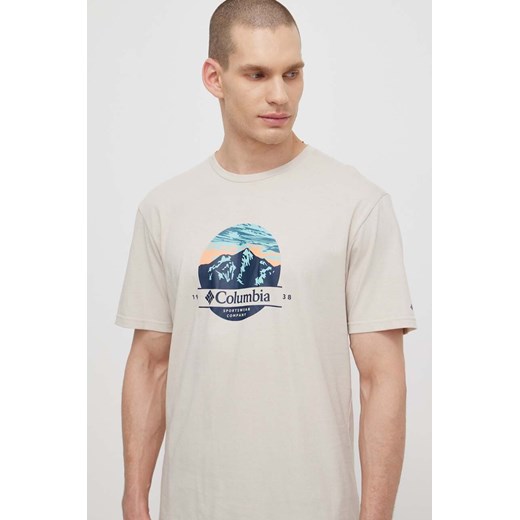 Columbia t-shirt bawełniany Path Lake męski kolor beżowy z nadrukiem 1934814 ze sklepu ANSWEAR.com w kategorii T-shirty męskie - zdjęcie 171190971